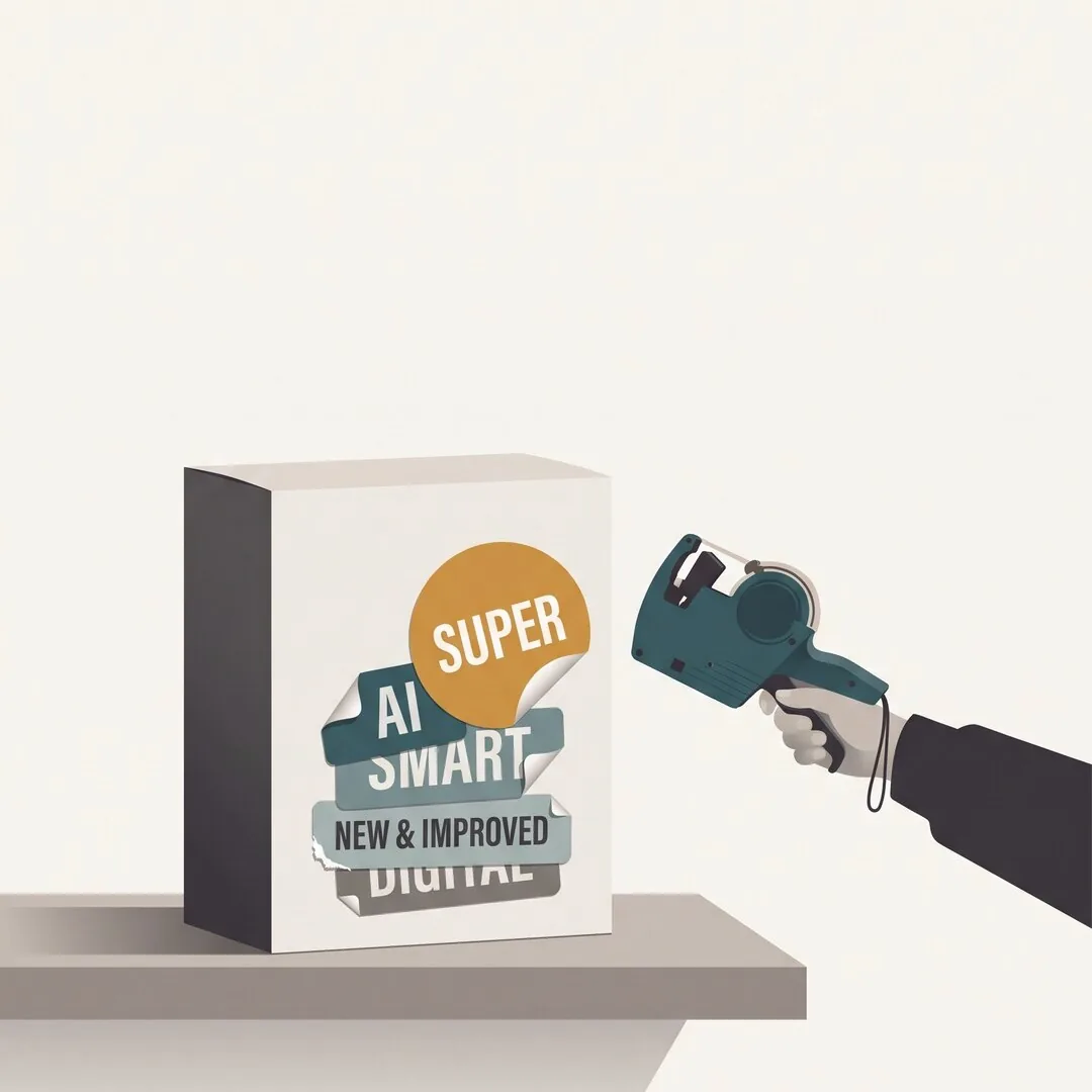 A white box with a gold SUPER sticker over older peeling stickers: AI, SMART, NEW and IMPROVED, DIGITAL. A hand holds a label gun.