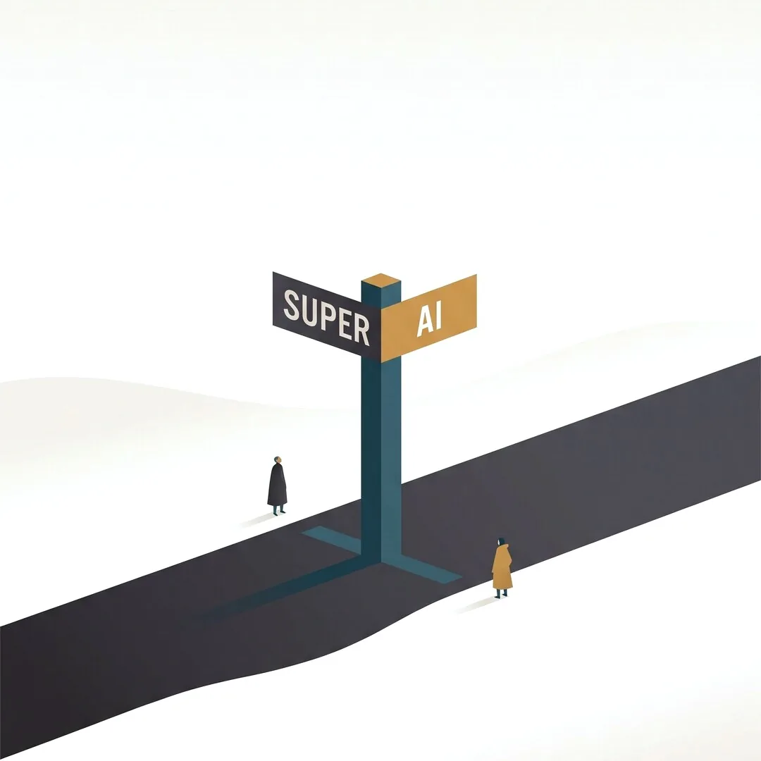 A signpost at a crossing: one sign reads SUPER, the other AI. A small figure stands on each side.