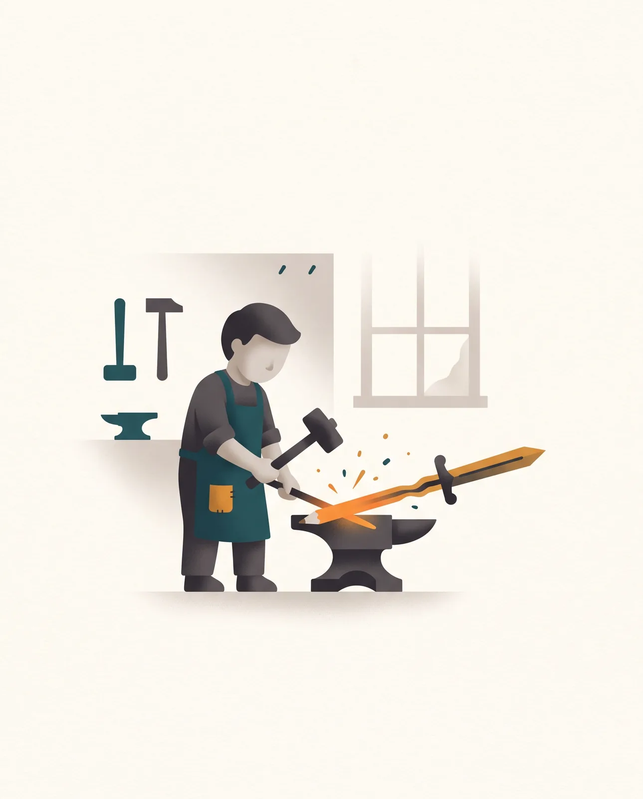 An apprentice at an anvil hammers a glowing pencil into a sword, with tools on the wall and a window behind.