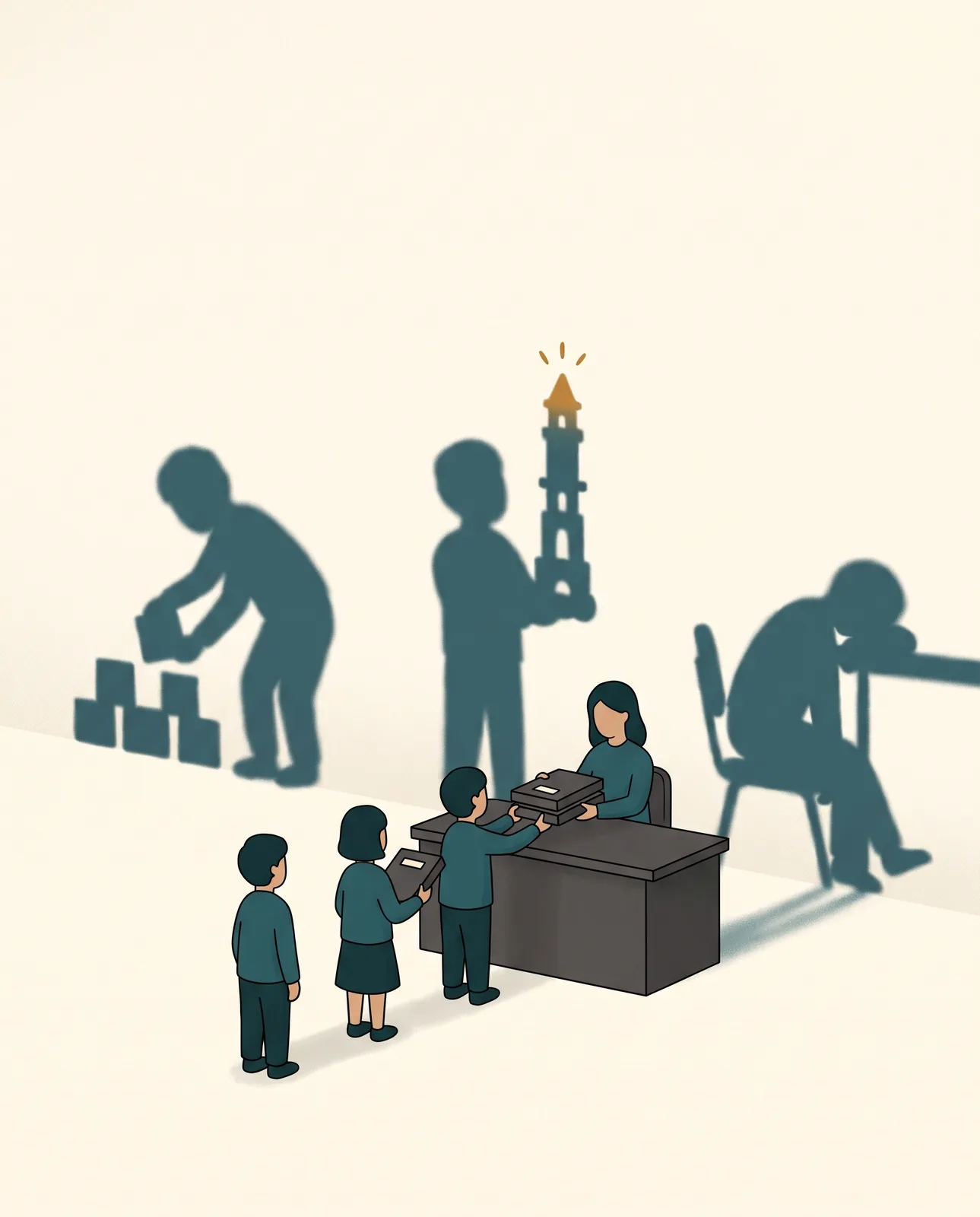 Three children hand in projects to a teacher. Their shadows on the wall do not match: one stacks blocks, one carries a tall tower, one sleeps at a desk.