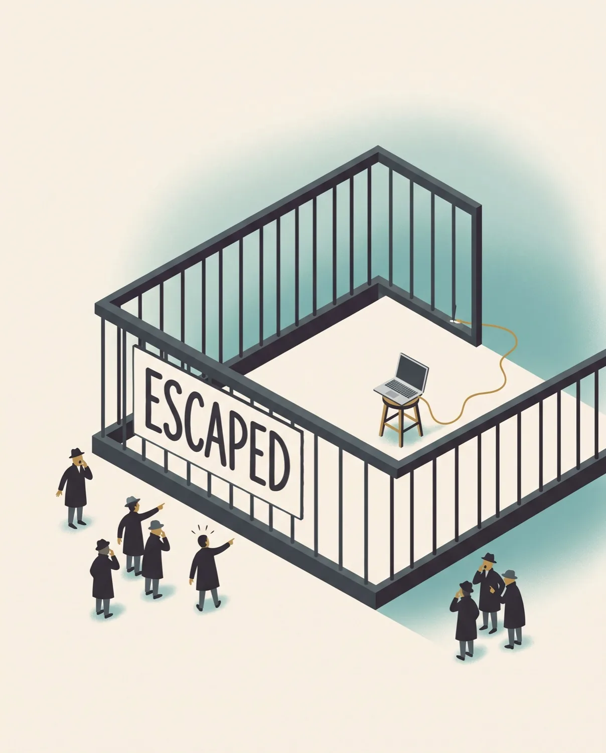 A cage with a large ESCAPED sign, a laptop on a stool inside it, and a crowd of small figures pointing from outside. An orange cable runs out from the laptop.